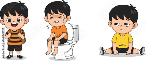 Cartoon Boy with Backpack, Stomach Ache on Toilet, Feeling Sick and Tired – Cute Vector Illustration for Health Education Concept
