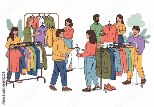 Colorful illustration of people at a sustainable fashion event, exploring racks of pre-owned clothing for a more eco-conscious wardrobe