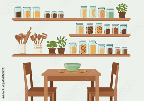 Tidy kitchen interior with wooden shelves showcasing organized food storage jars, kitchen utensils, and plants, set above a dining table and chairs