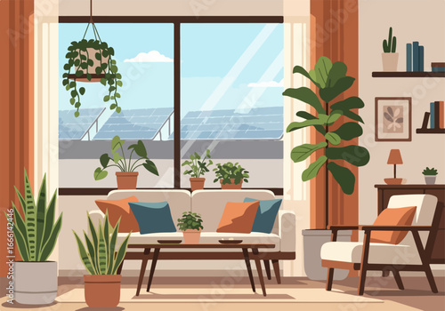 A bright and airy modern living room filled with lush green houseplants, creating a serene and comfortable space with abundant natural light and warm decor