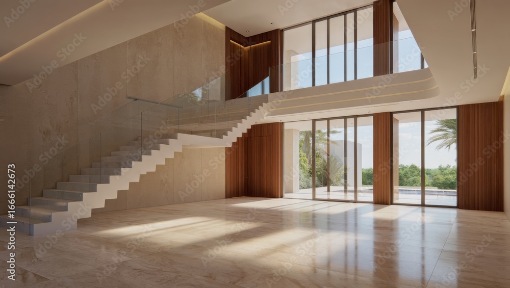 Naklejka premium Modern interior architecture with sweeping staircase and large windows bathed in sunlight