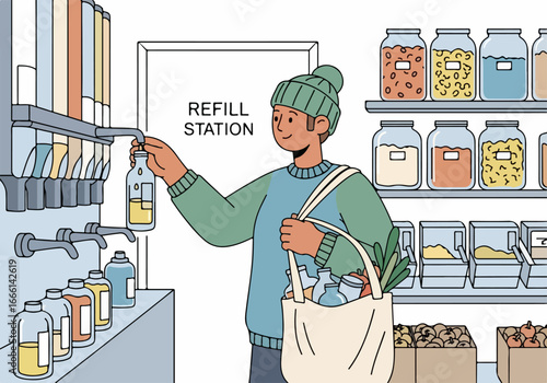 Mindful shopper embracing sustainable living by refilling everyday essentials at an eco-conscious bulk store, promoting zero waste and environmental responsibility