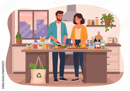 Young couple cooking healthy food together in a modern kitchen. Man and woman preparing a vegetarian meal with fresh vegetables, promoting a sustainable, eco-friendly lifestyle