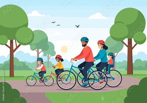 Happy Family Cycling in the Park