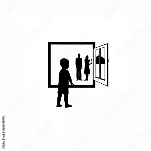 Child looking out window parents apart in yard silhouette on white background isolated on white background