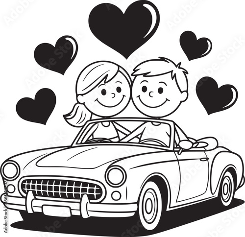 Love on the Open Road: A cheerful couple, embraced by floating hearts, cruises in a vintage convertible, exuding joy and connection in a cartoon-style illustration.