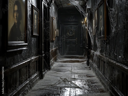 Explore a spooky haunted house hallway with cobwebs and portraits in the dark shadows