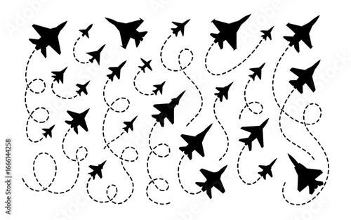 Vector Fighter Jet Silhouettes with Flight Paths. Dotted Line Route. Flying Plane With Twisted, Curved And Straight Dashed Trace Path. – Military Aviation Illustration