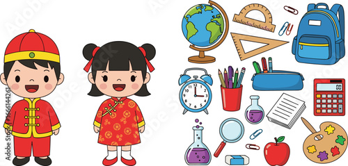 Cartoon School Supplies and Children in Traditional Chinese Clothes – Education and Cultural Learning Illustration for Classrooms and Projects