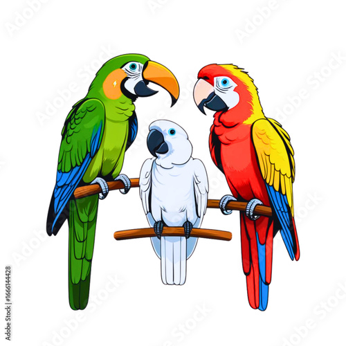 Vibrant macaw parrots and white cockatoo perched together vector illustration