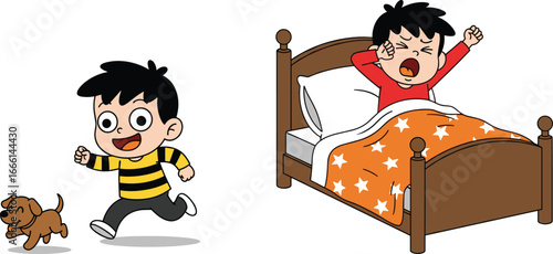 Cute Boy Waking Up and Playing with Puppy – Morning Routine, Daily Life, Cartoon Character, Child in Bed, Vector Clipart