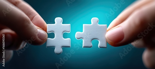 Hands connecting puzzle pieces on blue blurred background
