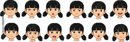Girl Facial Expressions Set – Various Emotions Including Anger, Surprise, Happiness, and Neutral – Cartoon Character Illustration