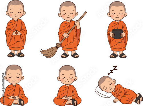 Young Buddhist Monk Cartoon Set – Meditation, Sleeping, Cleaning, and Alms Offering Illustrations – Peaceful Child in Orange Robe