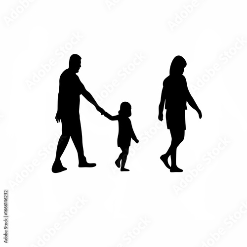 Child reaching for parents walking apart silhouette on white background isolated on white background