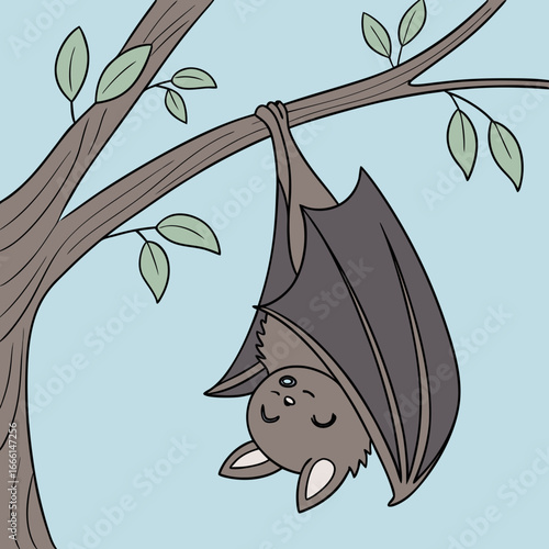 Illustration of a brown bat hanging upside down from a tree branch with green leaves on a gray background
