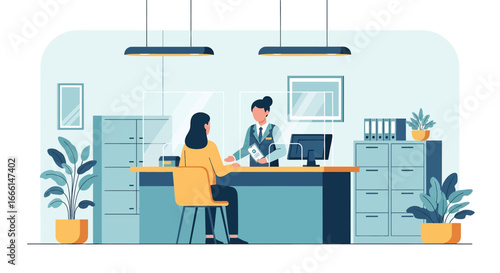 Flat illustration of a customer meeting with a bank teller at a counter, symbolizing financial services, account management, savings, deposits, withdrawals, and professional banking support
