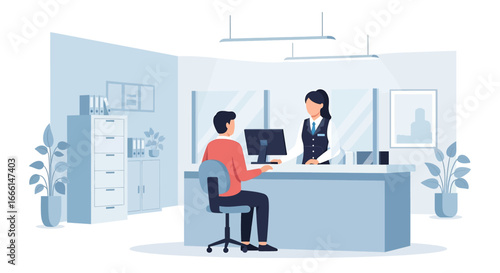 Flat illustration of a customer meeting with a bank teller at a counter, symbolizing financial services, account management, savings, deposits, withdrawals, and professional banking support