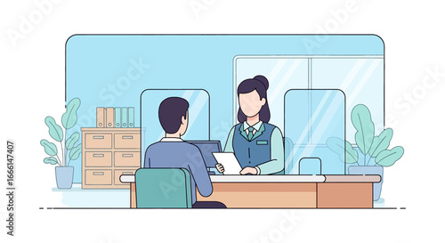 Flat illustration of a customer meeting with a bank teller at a counter, symbolizing financial services, account management, savings, deposits, withdrawals, and professional banking support