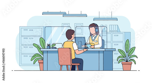Flat illustration of a customer meeting with a bank teller at a counter, symbolizing financial services, account management, savings, deposits, withdrawals, and professional banking support