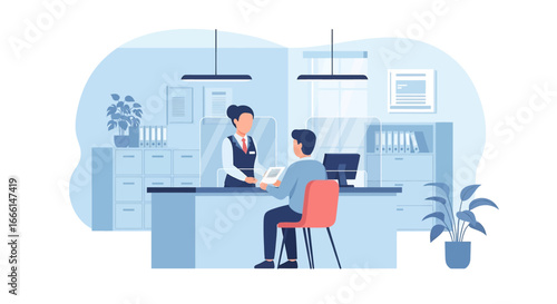 Flat illustration of a customer meeting with a bank teller at a counter, symbolizing financial services, account management, savings, deposits, withdrawals, and professional banking support