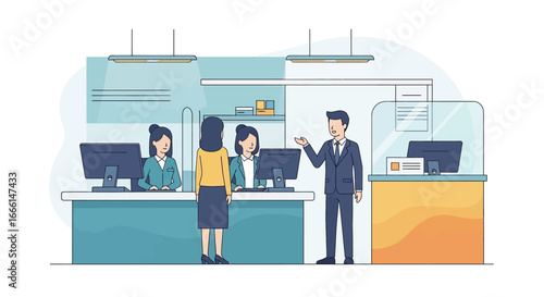 Flat illustration of customers at a bank counter receiving service from tellers, symbolizing financial transactions, savings, deposits, withdrawals, and professional banking support