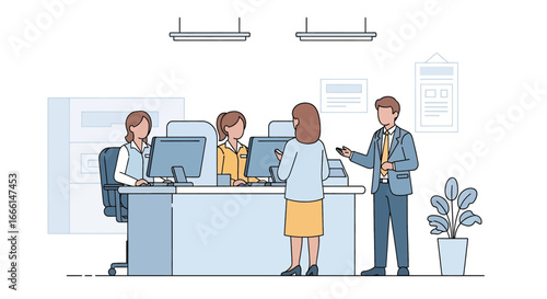 Flat illustration of customers at a bank counter receiving service from tellers, symbolizing financial transactions, savings, deposits, withdrawals, and professional banking support