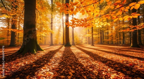 autumn forest, golden-orange leaves glowing under soft sunlight