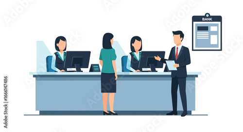 Flat illustration of customers at a bank counter receiving service from tellers, symbolizing financial transactions, savings, deposits, withdrawals, and professional banking support