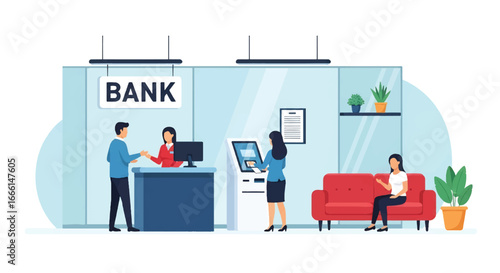 Flat illustration of a modern bank interior with teller service, ATM machine, and waiting area, symbolizing financial services, customer support, savings, investment, and money management