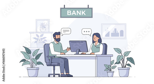 Flat illustration of a bank employee consulting a client at a desk with a computer, symbolizing customer service, financial advice, savings, investment, and professional banking support