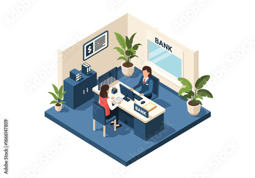 Isometric illustration of a bank employee consulting a client at a desk with charts on computer screens, symbolizing financial planning, investment advice, savings, and money management services