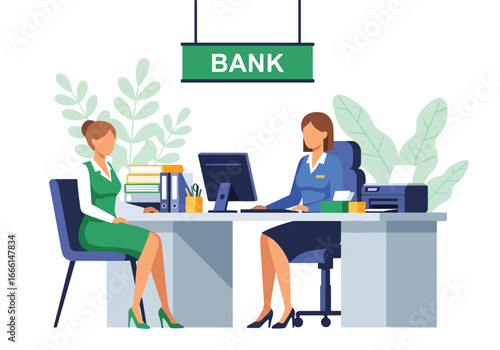 Flat illustration of a customer meeting with a bank employee at a desk, symbolizing financial consultation, account services, savings, investment, and professional banking support