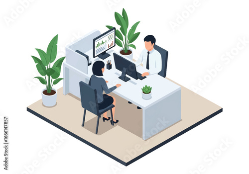Isometric illustration of a bank employee consulting a client at a desk with charts on computer screens, symbolizing financial planning, investment advice, savings, and money management services