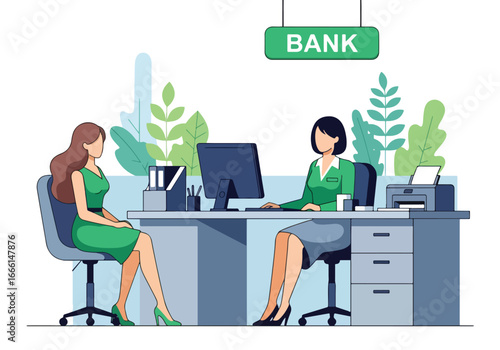Flat illustration of a customer meeting with a bank employee at a desk, symbolizing financial consultation, account services, savings, investment, and professional banking support