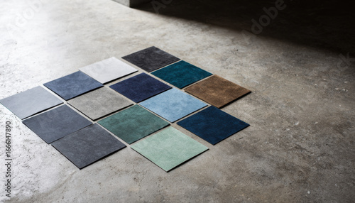 Various flooring material samples are meticulously arranged on a concrete surface, showcasing a vibrant palette in soft light