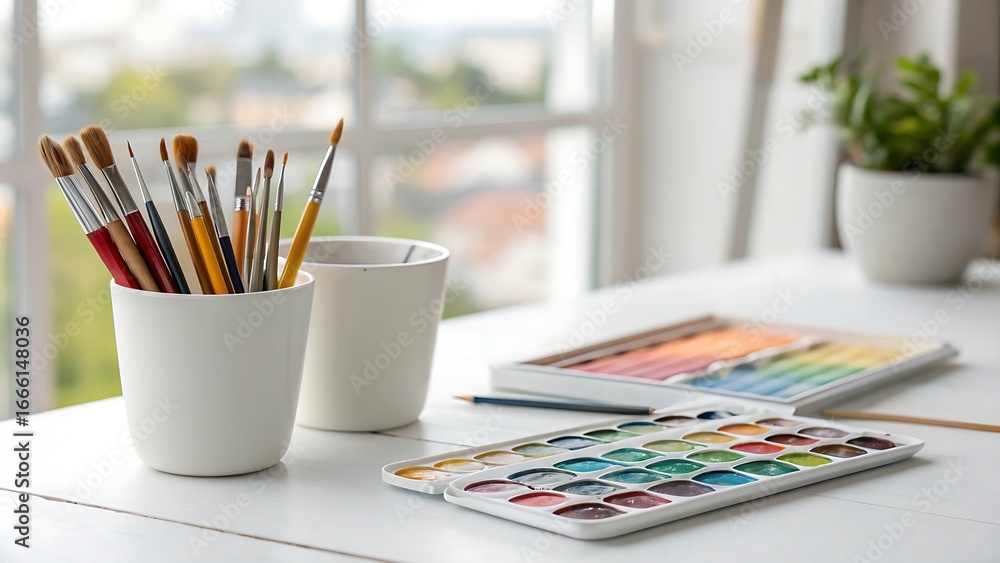 Naklejka premium Creative art supplies for painting watercolor masterpieces at bright studio