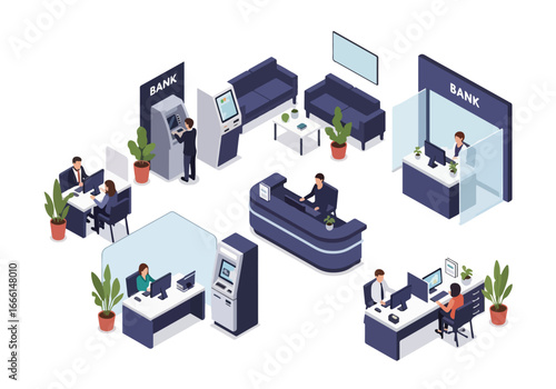 Isometric illustration of a modern bank interior with employees, ATMs, customer service desks, and waiting areas, symbolizing finance, money management, and professional banking services