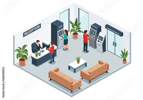 Isometric illustration of a modern bank interior with employees, ATMs, customer service desks, and waiting areas, symbolizing finance, money management, and professional banking services