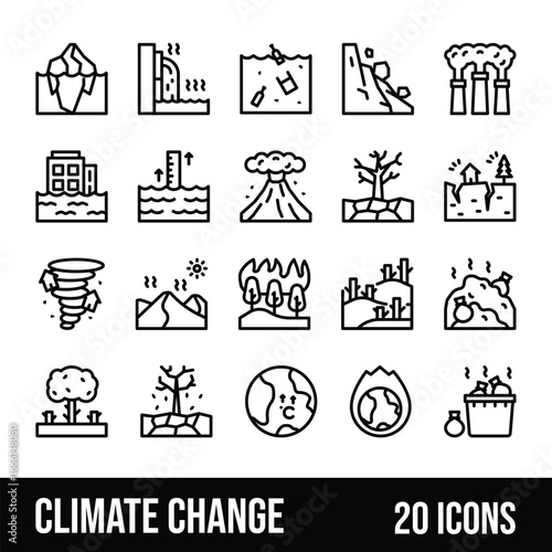 Climate change icons depicting environmental issues and natural disasters