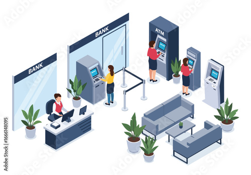 Isometric illustration of a modern bank interior with employees, ATMs, customer service desks, and waiting areas, symbolizing finance, money management, and professional banking services