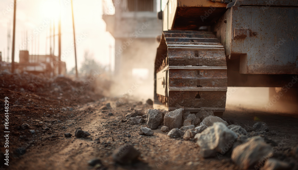 Fototapeta premium Heavy machinery operates on a construction site at sunset, creating dust and moving gravel along the ground, showcasing progress in development
