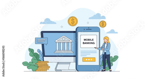 Flat illustration of a woman using mobile banking on a smartphone with a computer screen showing a bank, symbolizing secure online finance, digital payments, and modern financial technology