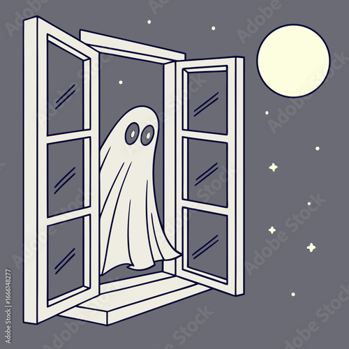 Cartoon ghost floating outside an open window at night with moon and stars in a whimsical style scene