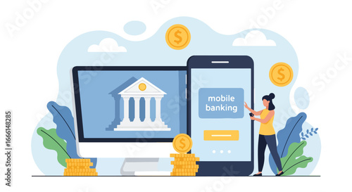 Flat illustration of a woman using mobile banking on a smartphone with a computer screen showing a bank, symbolizing secure online finance, digital payments, and modern financial technology