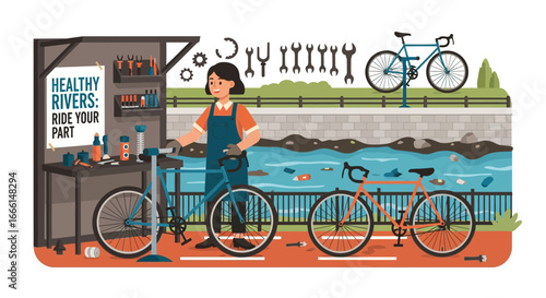 Bike repair shop supporting environmental causes with river backdrop depiction