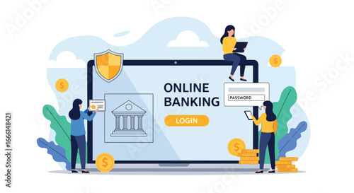 Flat illustration of women logging into an online banking system with password security, symbolizing digital finance, secure transactions, and modern financial technology for business and personal
