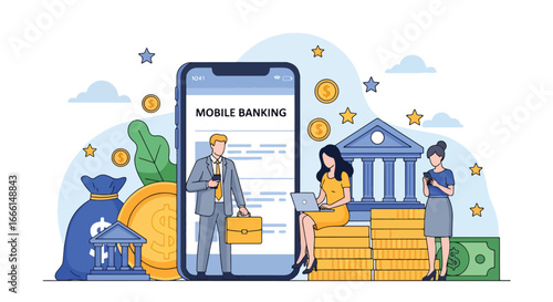 Flat illustration of people using mobile banking apps for transactions and account management, symbolizing digital finance, online payments, financial security, and banking technology for business