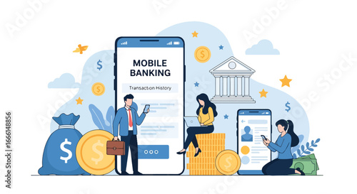 Flat illustration of people using mobile banking apps for transactions and account management, symbolizing digital finance, online payments, financial security, and banking technology for business