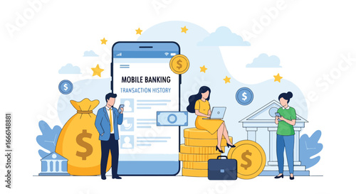 Flat illustration of people using mobile banking apps for transactions and account management, symbolizing digital finance, online payments, financial security, and banking technology for business